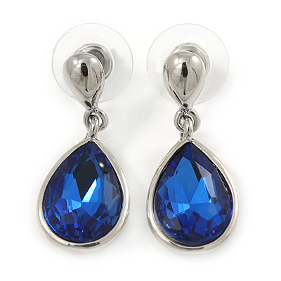 Silver Tone Teardrop Sapphire Blue Faceted Glass Stone Drop Earrings - 30mm L