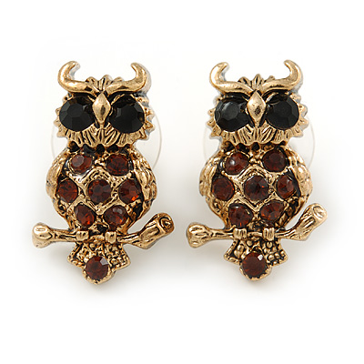 Small Amber Coloured Owl Stud Earrings In Gold Tone Metal - 23mm L