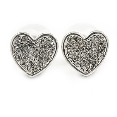 Small Silver Tone Clear Crystal Heart Stud Earrings - 13mm