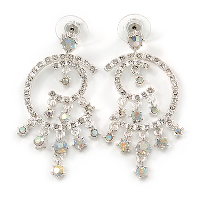 Bridal/ Prom/ Wedding Clear/ AB Crystal Crescent & Stars Chandelier Earrings In Silver Tone Metal - 55mm L - main view