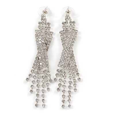 Bridal/ Prom/ Wedding Clear Crystal Cross Dangle Earrings In Rhodium Plating - 75mm L