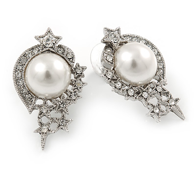 Clear Crystal Faux Pearl 'Stars' Stud Drop Earrings In Rhodium Plated Metal - 30mm L