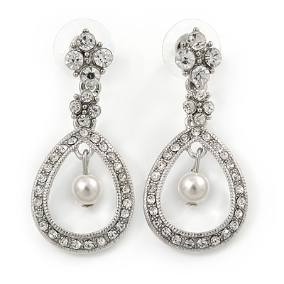 Bridal/ Prom/ Wedding Clear Crystal Open Teardrop Earrings In Rhodium Plating Metal - 40mm L