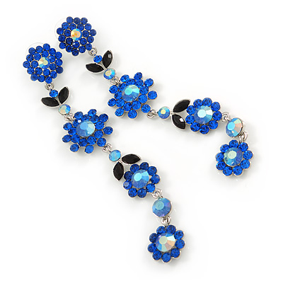 Long Statement Sapphire Blue/ Dark Blue Crystal Floral Drop Earrings In Rhodium Plating - 12cm L
