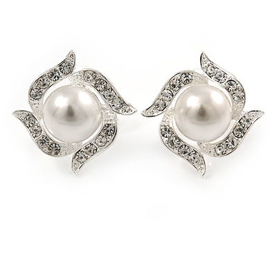Bridal Faux Glass Pearl, Crystal Floral Stud Earrings In Rhodium Plating - 17mm