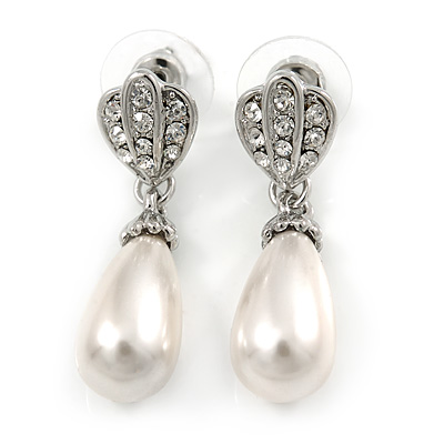 Clear Crystal Faux Pearl Teardrop Earrings In Rhodium Plated Metal - 37mm L - main view