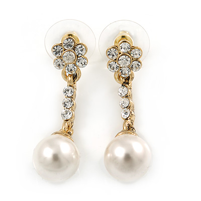 Delicate Crystal Floral, Faux Pearl Drop Earrings In Gold Tone - 35mm L