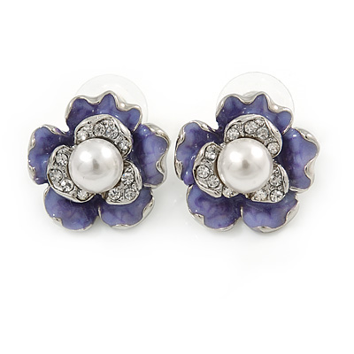 Purple Enamel, Clear Crystal Faux Glass Pearl Flower Stud Earrings In Silver Tone Metal - 20mm D