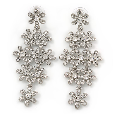 75mm Statement Clear Crystal Floral Chandelier Earrings In Rhodium Plating