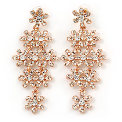 75mm Statement Clear Crystal Floral Chandelier Earrings In Rose Gold Tone - main view