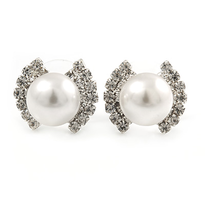 15mm White Simulated Glass Pearl Crystal Bow Stud Earrings In Silver Tone Metal