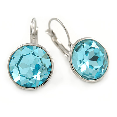 Aqua Blue Round Glass Drop Earrings In Rhodium Plating with Leverback/ French Hook Closure - 27mm L