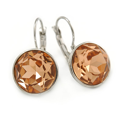 Light Peach Round Glass Drop Earrings In Rhodium Plating with Leverback/ French Hook Closure - 27mm L