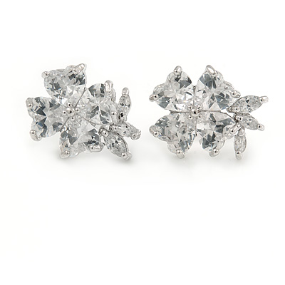 14mm Small Clear CZ Flower Stud Earrings In Rhodium Plating