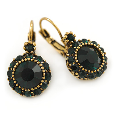 Vintage Inspired Dark Green Crystal Round Drop Leverback/ French Hook Earrings In Antique Gold Tone Metal - 37mm L