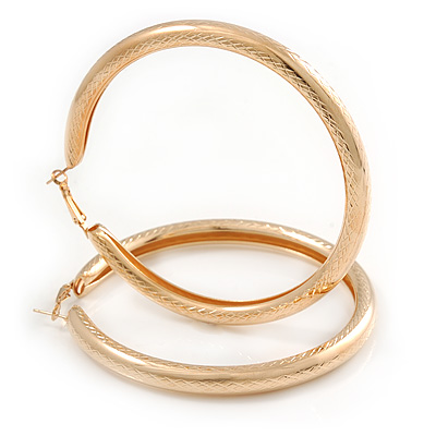 90mm Oversized Etched Gold Tone Thick Hoop Earrings