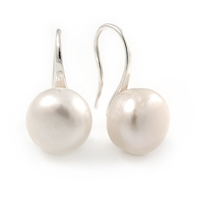 10mm Lustrous White Off-Round Simulated Pearl Earrings In Silver Tone - 20mm L - main view