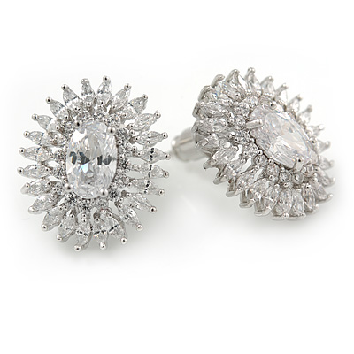 Stunning Clear CZ Oval Stud Earrings In Rhodium Plating - 20mm L - main view
