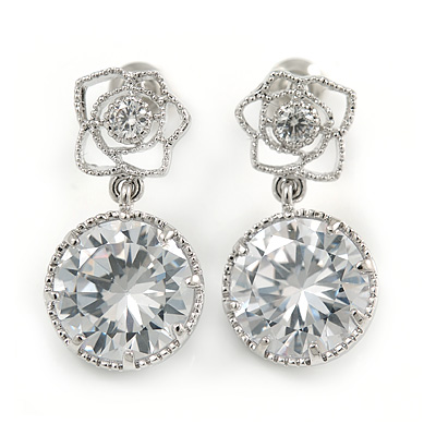 Stunning Round Cut Clear CZ Floral Drop Earrings In Rhodium Plated Alloy - 20mm L
