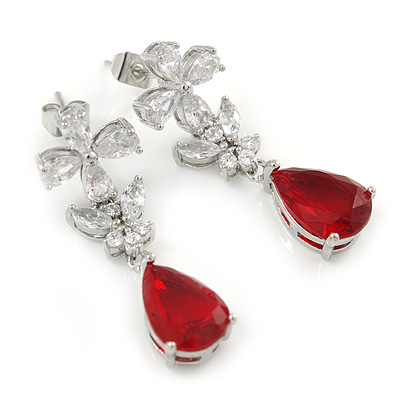 Delicate Clear/ Ruby Red Cz Teardrop Earrings In Rhodium Plated Alloy - 35mm L - main view