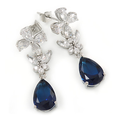 Delicate Clear/ Midnight Blue Cz Teardrop Earrings In Rhodium Plated Alloy - 35mm L - main view