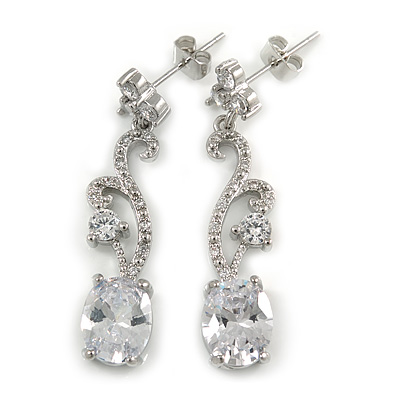 Delicate Clear Cz Oval Drop Earrings In Rhodium Plated Alloy - 35mm L
