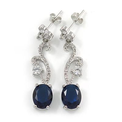 Delicate Clear/ Navy Blue Cz Oval Drop Earrings In Rhodium Plated Alloy - 35mm L