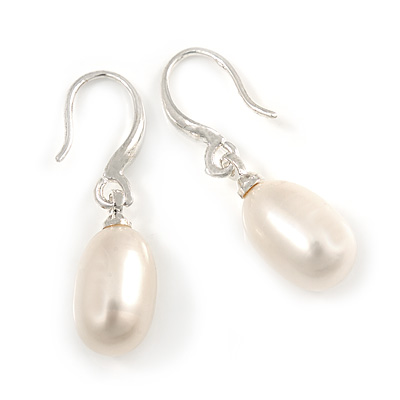 Delicate Oval Freshwater Pearl Earrings In Rhodium Plating - 28mm Long - main view