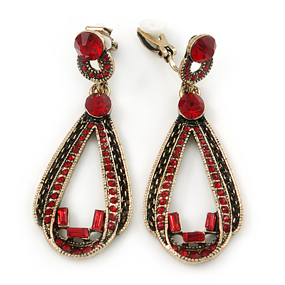 Vintage Inspired Long Red Crystal Loop Clip On Earrings In Antique Gold Tone - 60mm L - main view