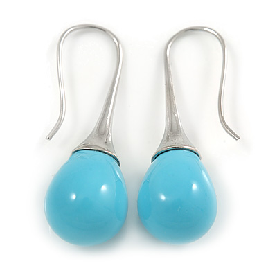 Light Blue Acrylic Teardrop Earrings In Silver Tone Metal - 35mm L