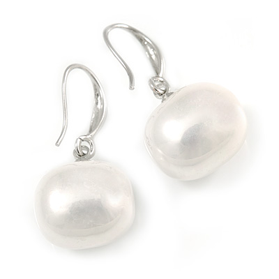 15mm Lustrous White Off-Round Simulated Glass Pearl Earrings In Silver Tone - 30mm L - main view