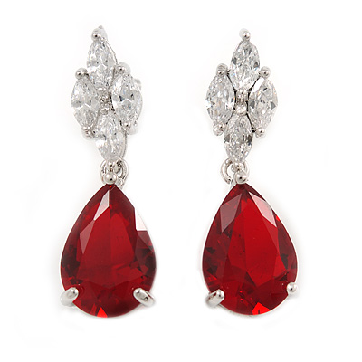 Statement Clear/ Red Cz Teardrop Earrings In Rhodium Plated Alloy - 30mm L - main view