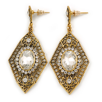 Art Deco Clear Crystal Drop Earrings In Gold Tone Metal - 65mm L - main view