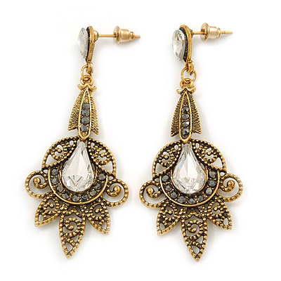 Vintage Inspired Filigree Clear/ Hematite Crystal Chandelier Earrings In Aged Gold Tone - 63mm L - main view