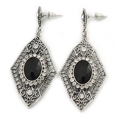 Art Deco Clear/ Black Crystal Drop Earrings In Silver Tone Metal - 65mm L