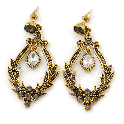 Vintage Inspired Clear/ Grey Crystal Textured Chandelier Earrings In Aged Gold Tone - 55mm L