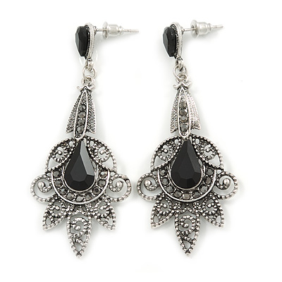 Vintage Inspired Filigree Crystal Chandelier Earrings In Aged Silver Tone - 63mm L