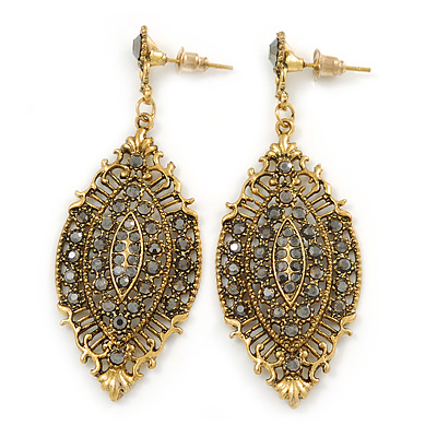 Vintage Inspired Crystal Filigree Leaf Drop  Earrings In Aged Gold Tone - 65mm L