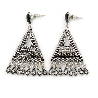 Vintage Inspired Chandelier Crystal Filigree Earrings In Aged Silver Tone - 60mm L - main view