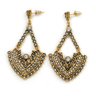 Vintage Inspired Chandelier Crystal Earrings In Aged Gold Tone - 60mm L