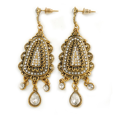 Vintage Inspired Crystal Chandelier Earrings In Aged Gold Tone - 65mm L