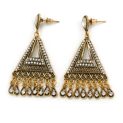 Vintage Inspired Chandelier Crystal Filigree Earrings In Aged Gold Tone - 60mm L - main view