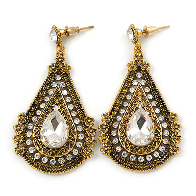 Vintage Inspired Teardrop Crystal Dangle Earrings In Aged Gold Tone - 60mm L
