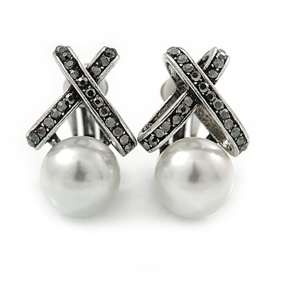 Vintage Inspired Hematite Crystal Cross Clip On Earrings with Faux Pearl In Silver Tone - 25mm L