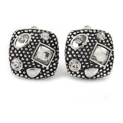 Vintage Inspired Crystal Square Stud Clip On Earrings In Aged Silver Tone - 20mm L - main view