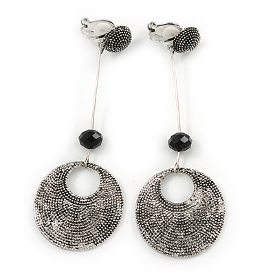Long Vintage Inspired Textured Disk Metal Bar Clip On Earrings In Aged Silver Tone - 80mm L