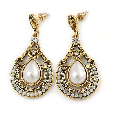 Vintage Inspired Teardrop Crystal, Faux Pearl Dangle Earrings In Aged Gold Tone - 50mm L