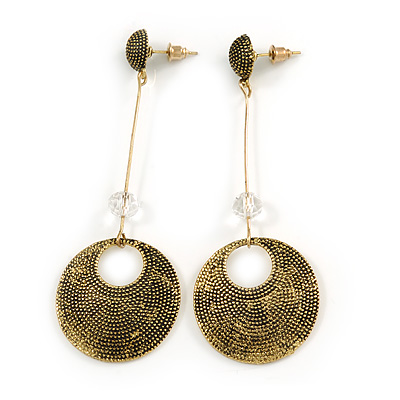 Long Vintage Inspired Textured Disk Metal Bar Drop Earrings In Aged Gold Tone - 80mm L
