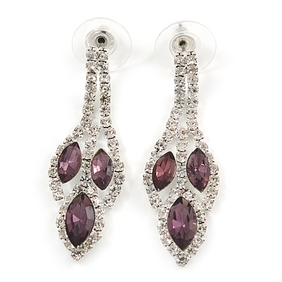 Purple/ Clear Crystal Leaf Drop Earrings In Silver Tone - 42mm L