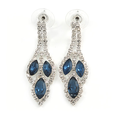 Midnight Blue/ Clear Crystal Leaf Drop Earrings In Silver Tone - 42mm L - main view